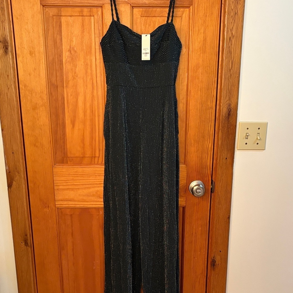 New Francesca’s Dee Square Neck Glitter Elegant Dark Green Jumpsuit Size Small - Picture 1 of 6